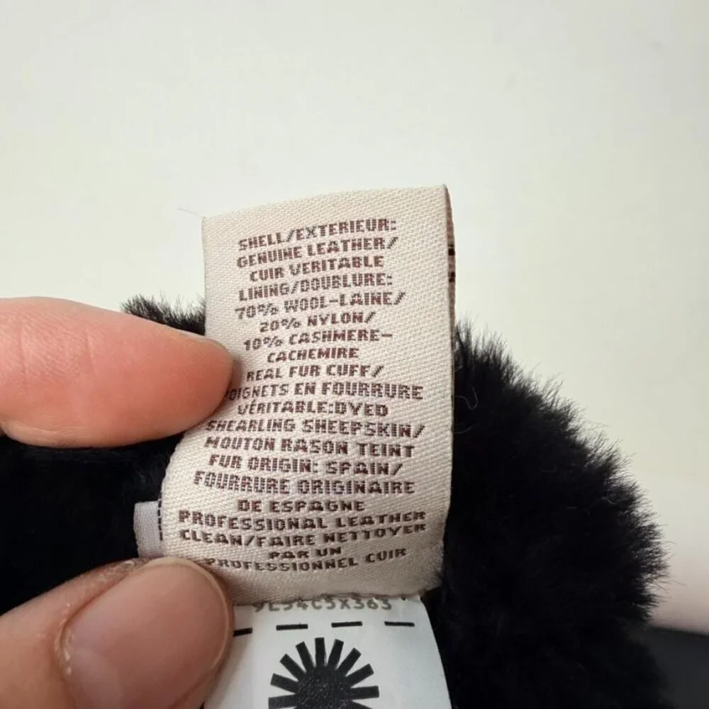 UGG Women’s Leather Vent Gloves Black Fur Cuff - Size M